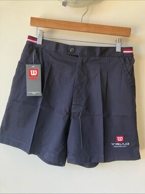WILSON Men’s Navy Tennis Shorts w/ Red Logo + Striped Waistband Size 34 NWT